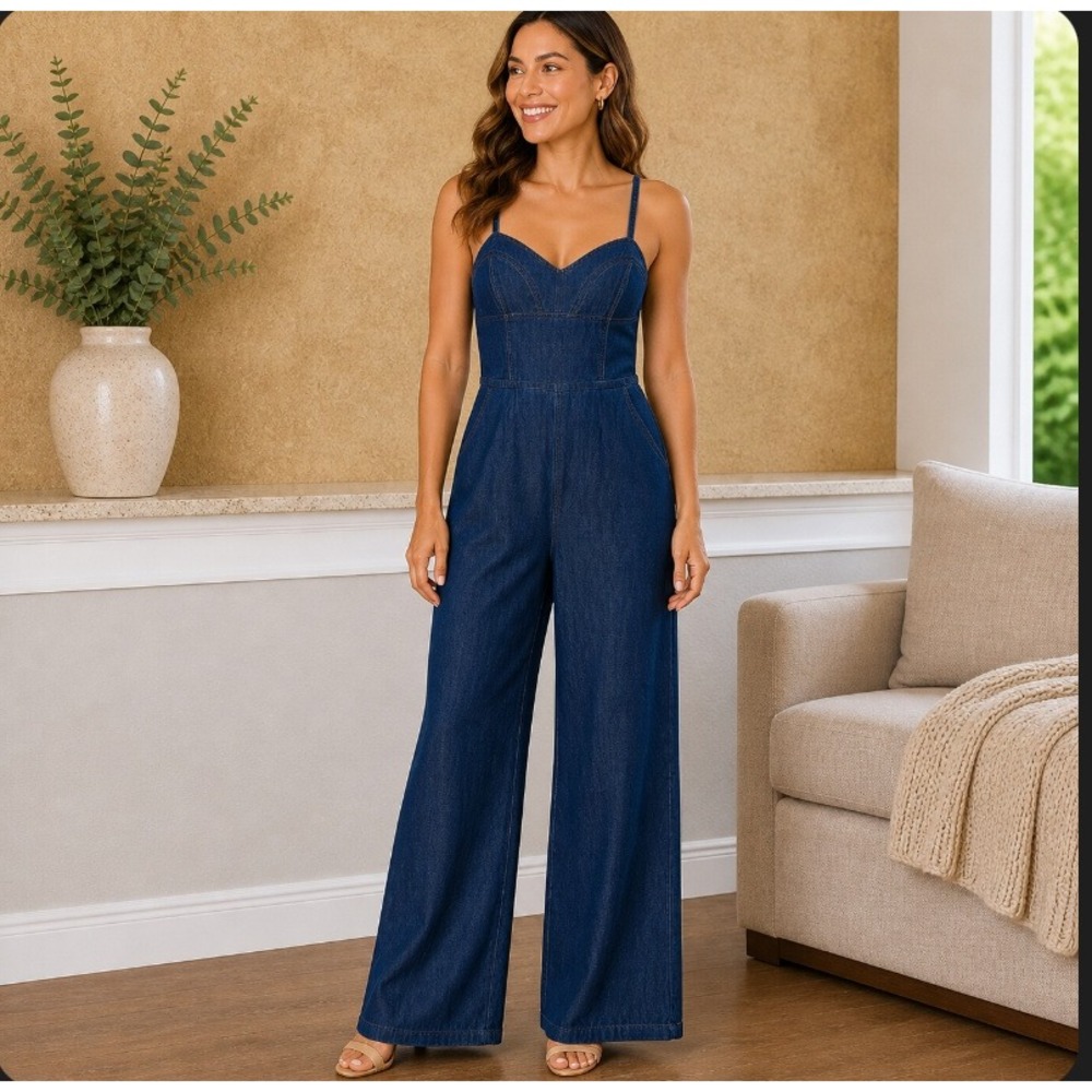 Express Denim Jumpsuit Womens 0 Blue Dark Wash Wide Leg Smocked Festival